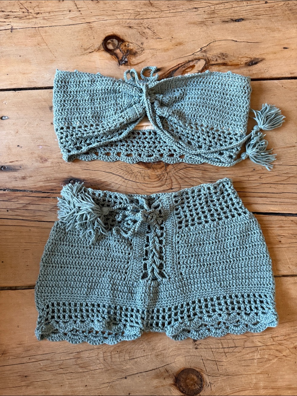 Handmade Crochet Two-Piece Set in Sage Green